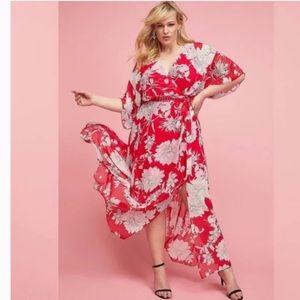 Lane Bryant Floral Surplice Pink White Chiffon SlitVNeck Pleated Maxi Dress NWT